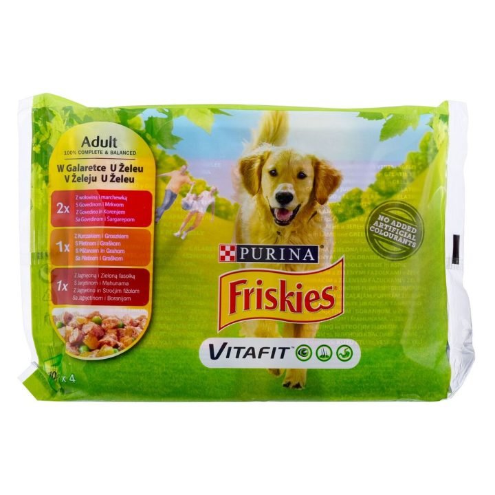 Mokré jedlo Purina Friskies Kurča Teľacie mäso Baránok Zelený hrášok Zelené fazuľky Mrkva 4 x 100 g